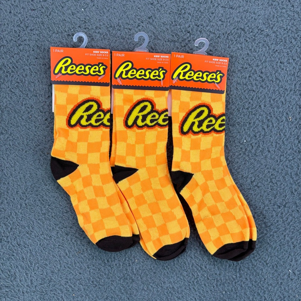 Reese's Kids Socks 3 Pair Pack Orange Checkerboard HSK95-MUL Shoe Size 9-3.5 NEW